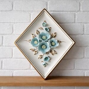 Lefton Japan 2780 Blue Flower Ceramic Wall Plaque Gold Trim MCM